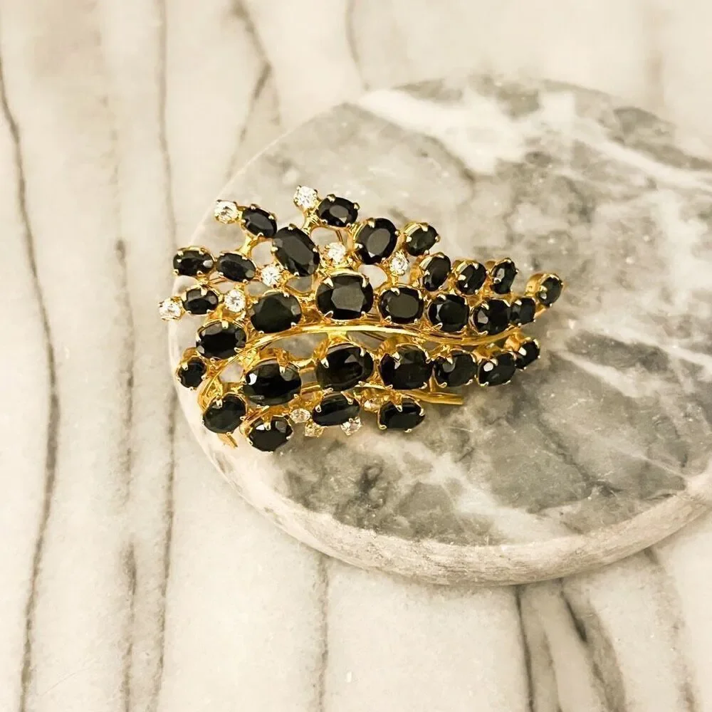 Vintage Black Crystal Spray Brooch Pin‎ Gold Toned Metal Prong Set Clear Accent